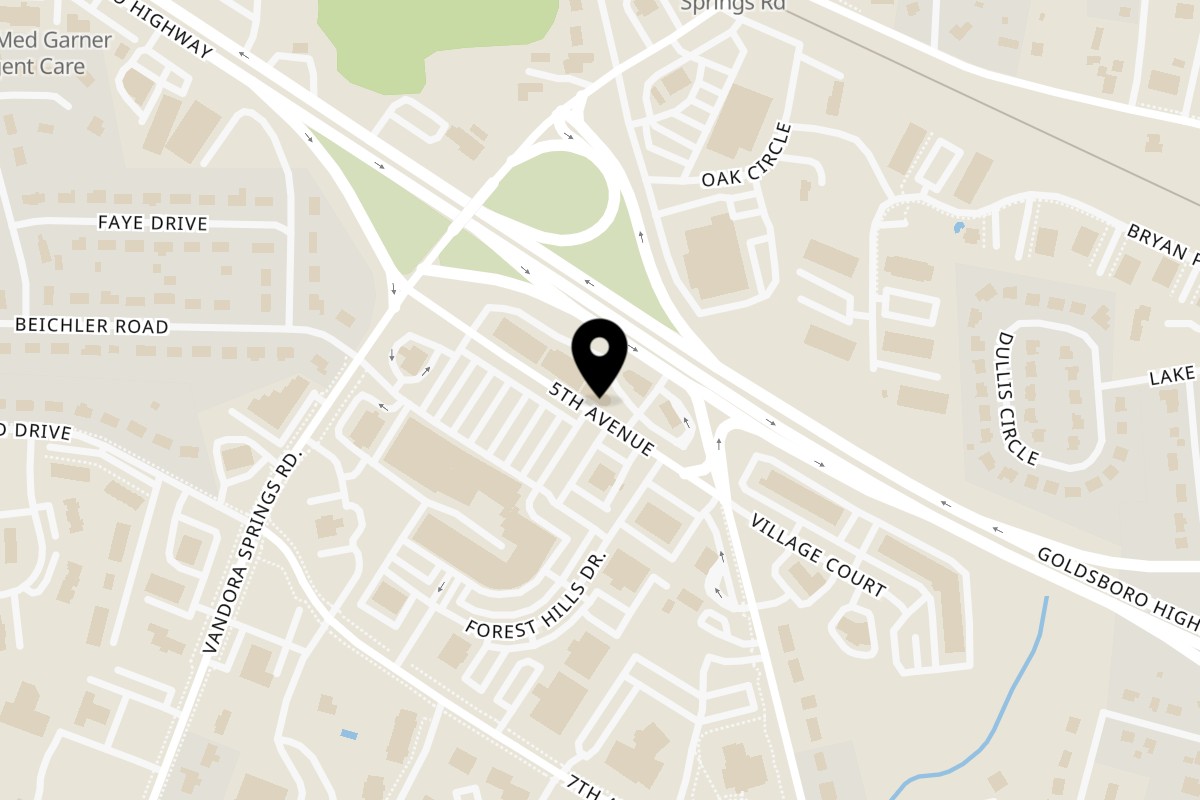Map showing the location of La Roma Pizza on 1320 5th Ave in Garner